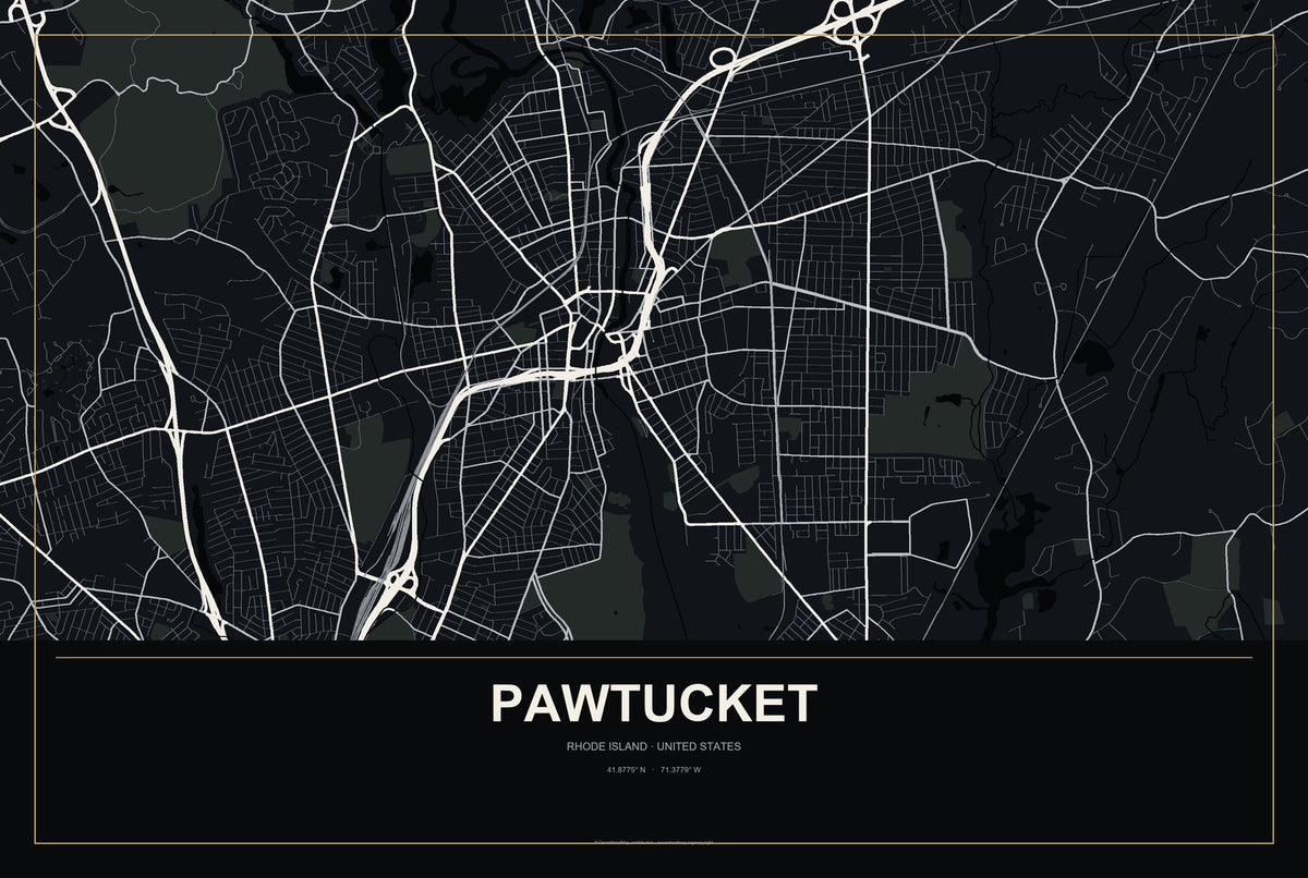 Pawtucket, Rhode Island City Map Aluminum Sign in Metropolitan Noir style