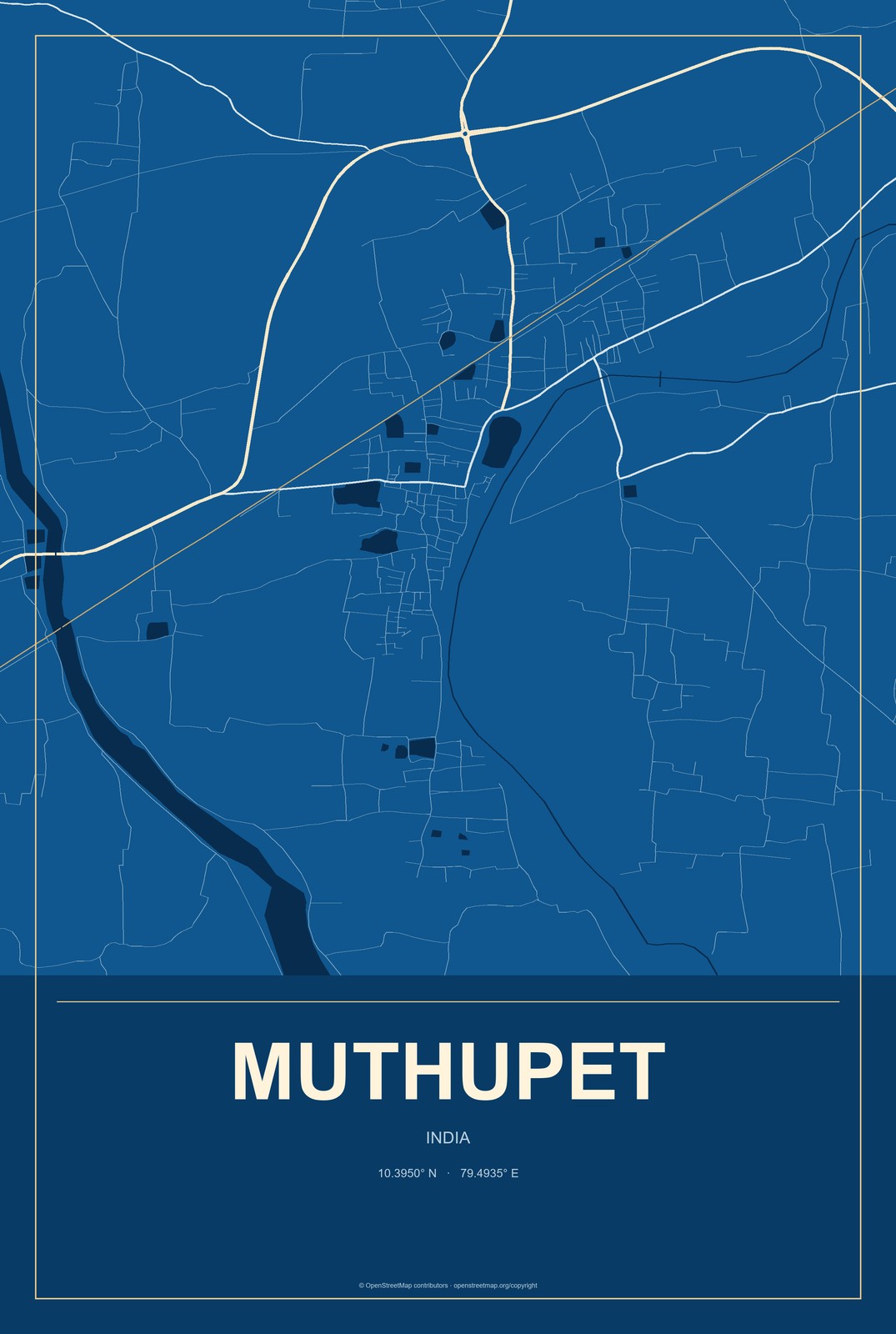 Muthupet, India City Map Aluminum Sign in Harbor Cobalt style