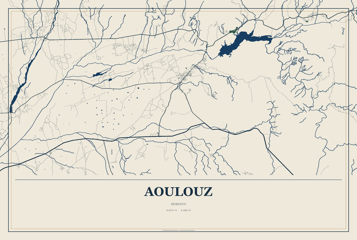 Aoulouz, Morocco City Map Aluminum Sign in Coastal Cutout style