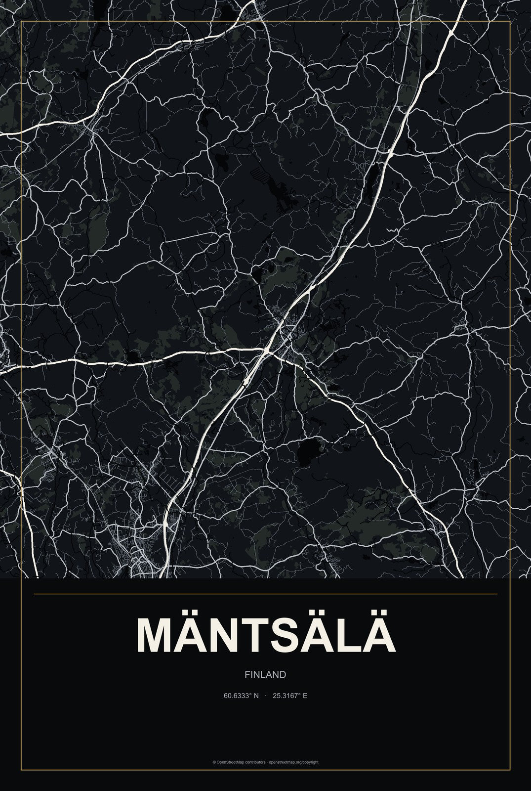 Mäntsälä, Finland City Map Aluminum Sign in Metropolitan Noir style