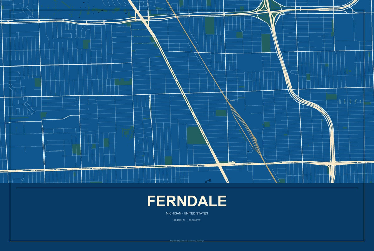 Ferndale, Michigan City Map Aluminum Sign in Harbor Cobalt style