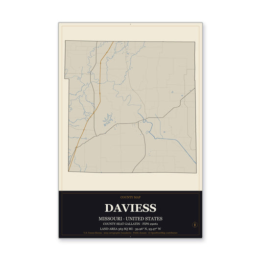 Daviess County, Missouri Map Aluminum Sign in Museum Plaque style