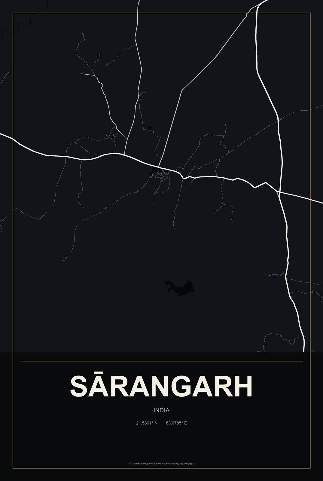 Sārangarh, India City Map Aluminum Sign in Metropolitan Noir style