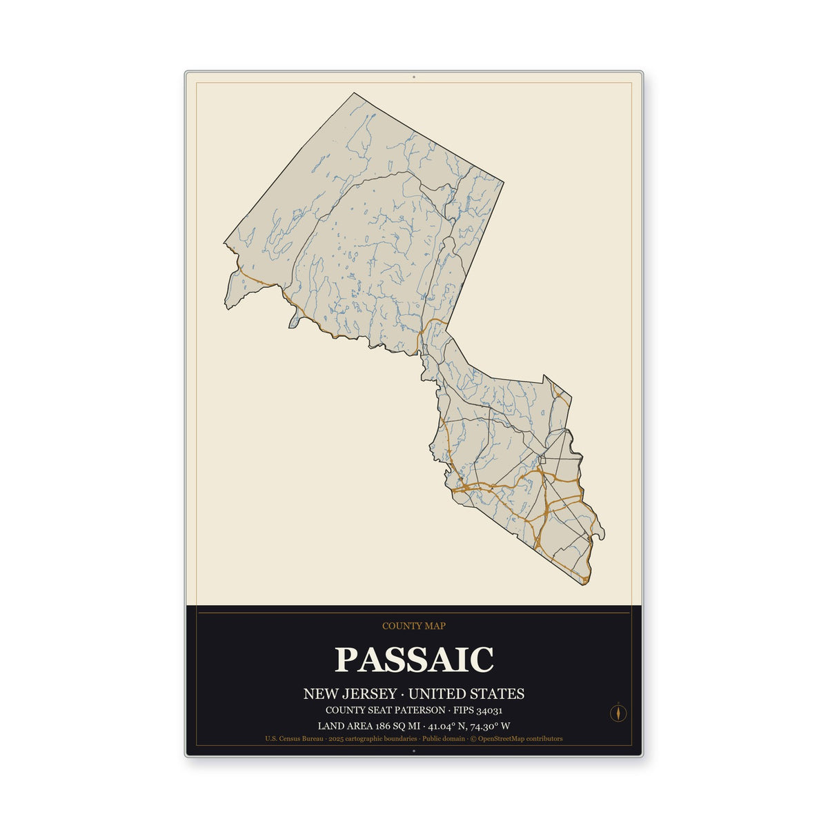 Passaic County, New Jersey Map Aluminum Sign in Museum Plaque style
