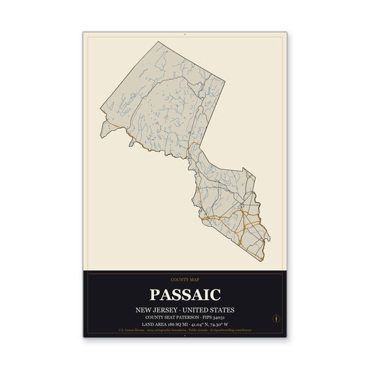 Passaic County, New Jersey Map Aluminum Sign in Museum Plaque style