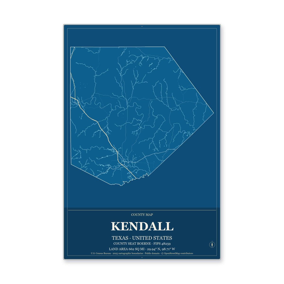 Kendall County, Texas Map Aluminum Sign in Harbor Cobalt style