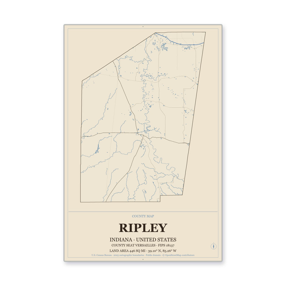 Ripley County, Indiana Map Aluminum Sign in Heritage Nautical style