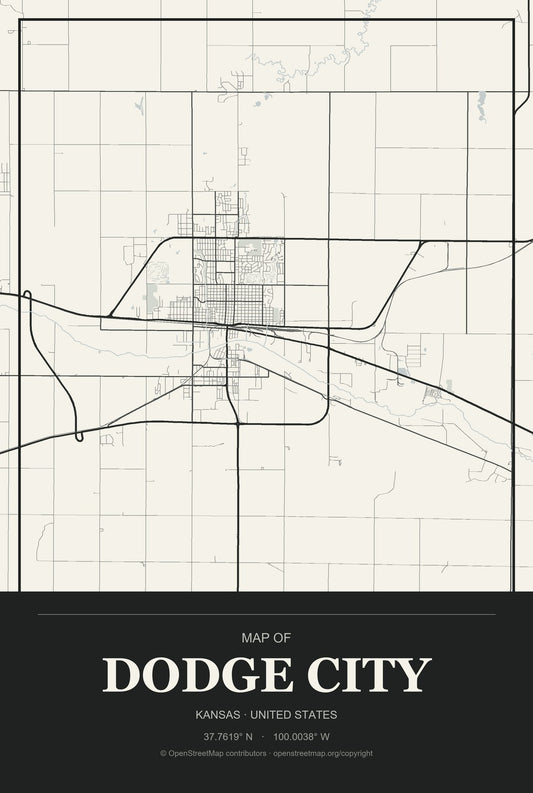 Dodge City, Kansas City Map Aluminum Sign in Museum Plaque style