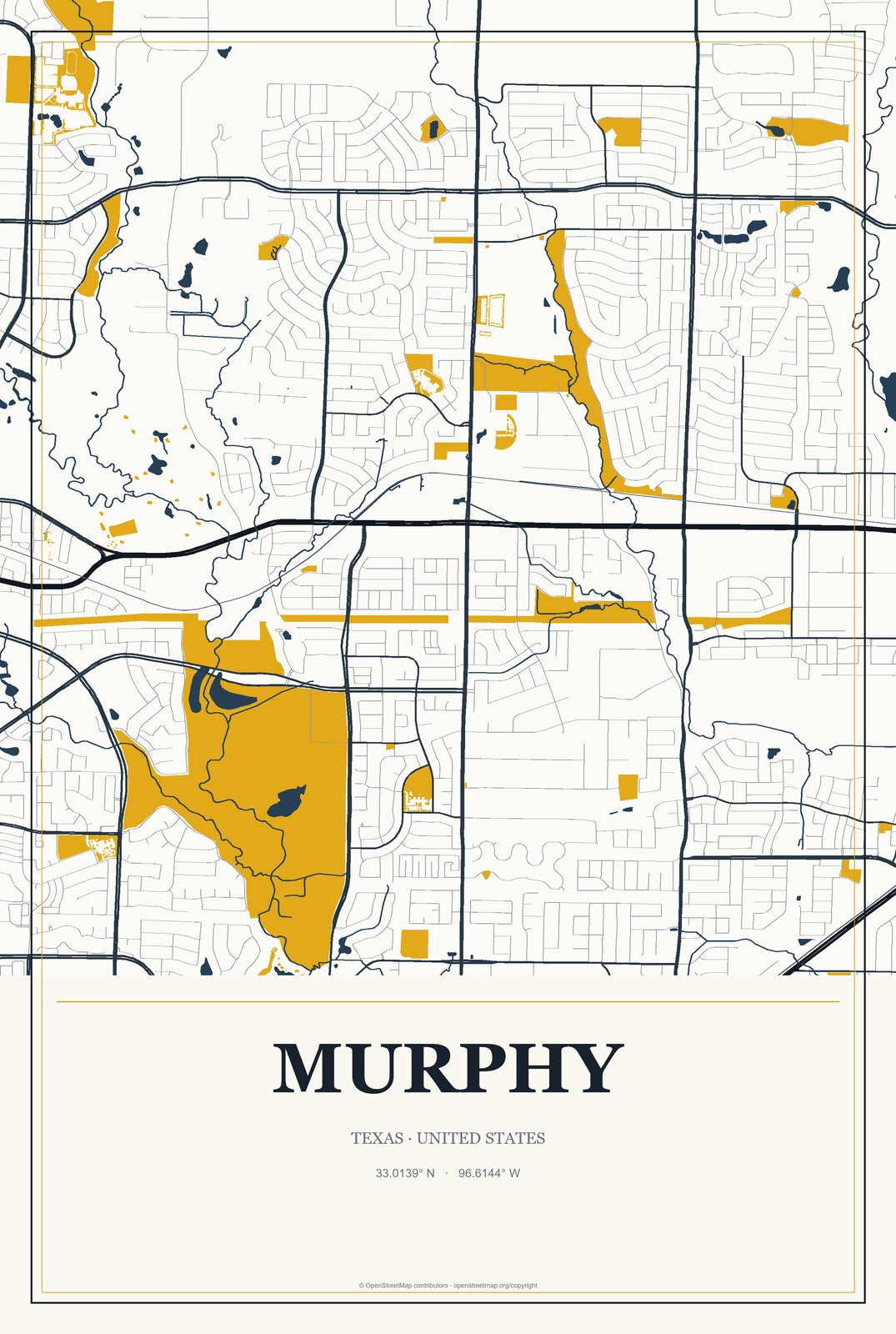 Murphy, Texas City Map Aluminum Sign in Citrine Modern style