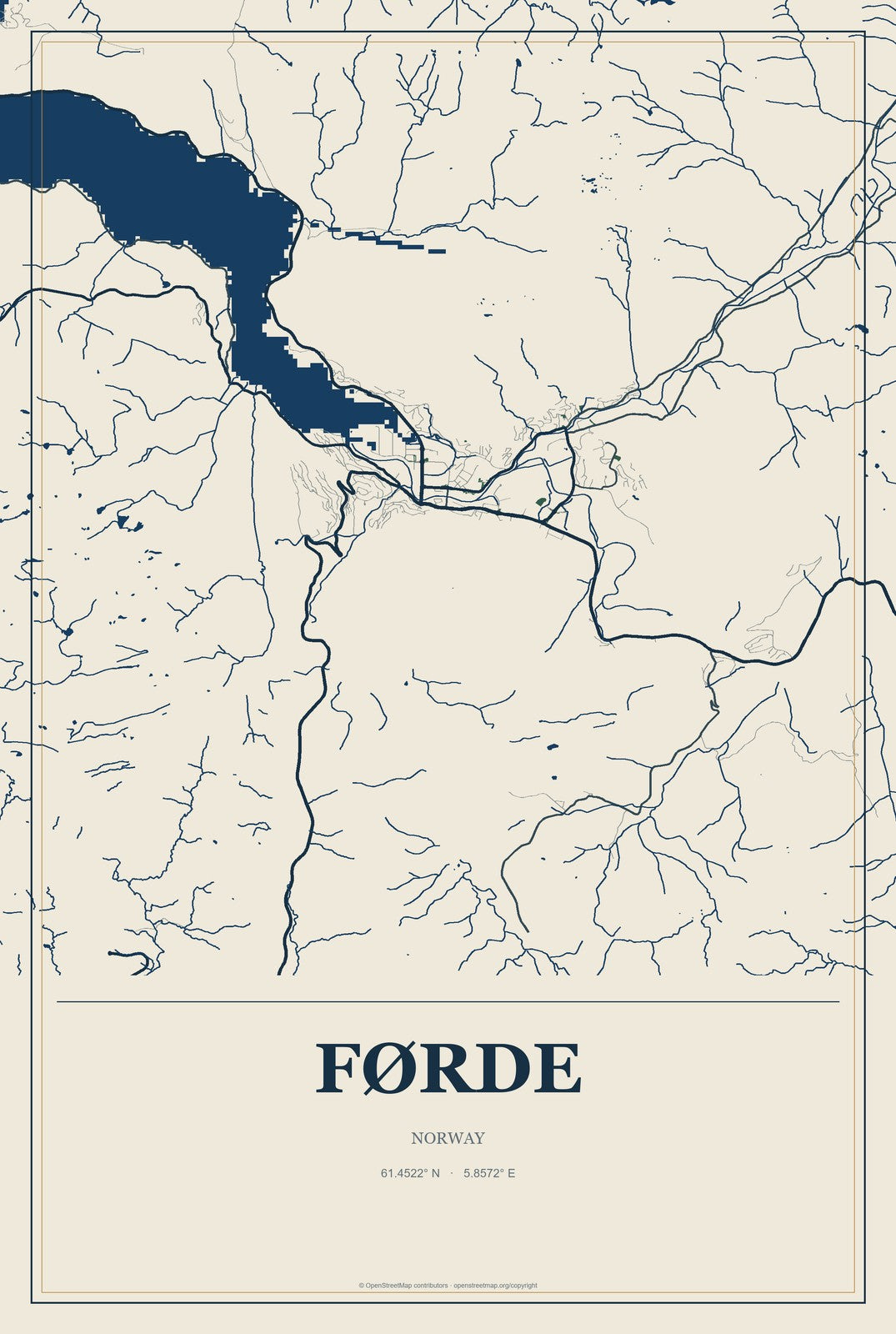 Førde, Norway City Map Aluminum Sign in Coastal Cutout style