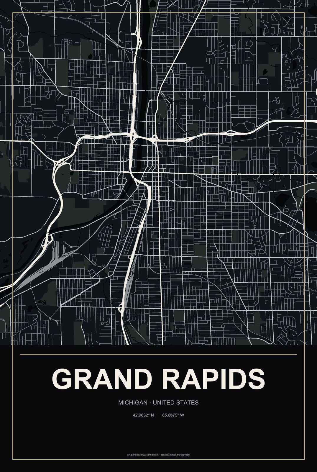 Grand Rapids, Michigan City Map Aluminum Sign in Metropolitan Noir style