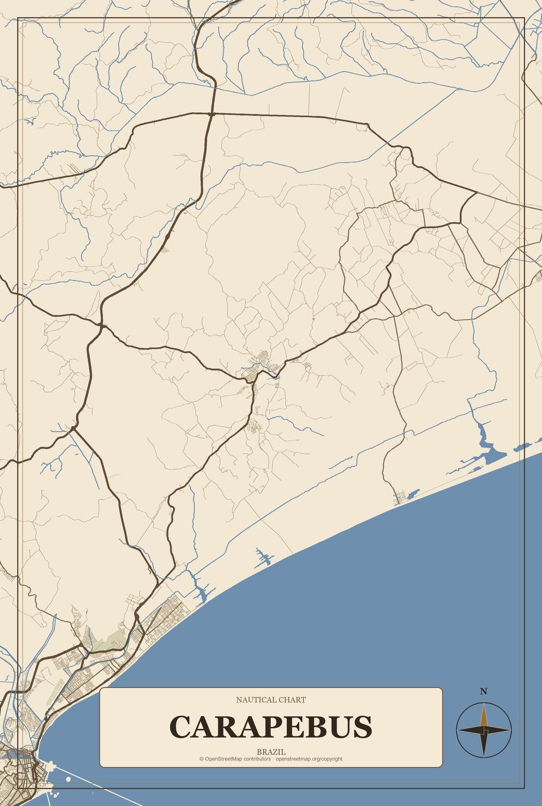 Carapebus, Brazil City Map Aluminum Sign in Heritage Nautical style