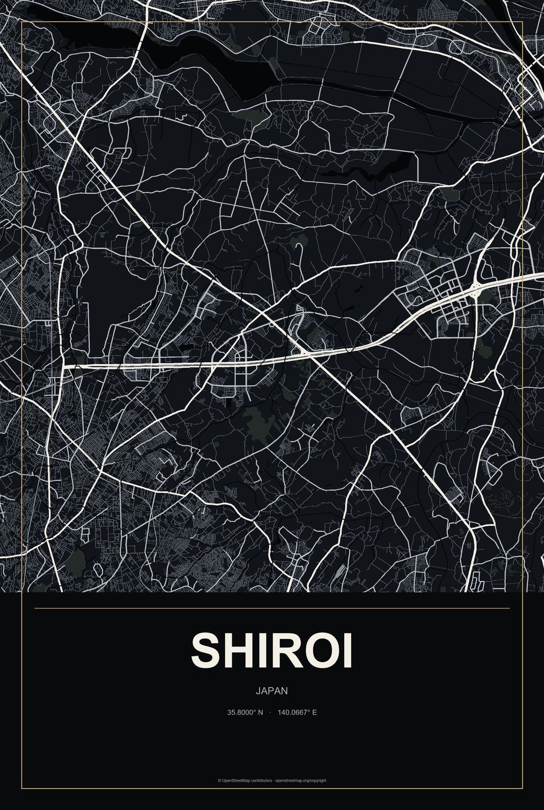 Shiroi, Japan City Map Aluminum Sign in Metropolitan Noir style