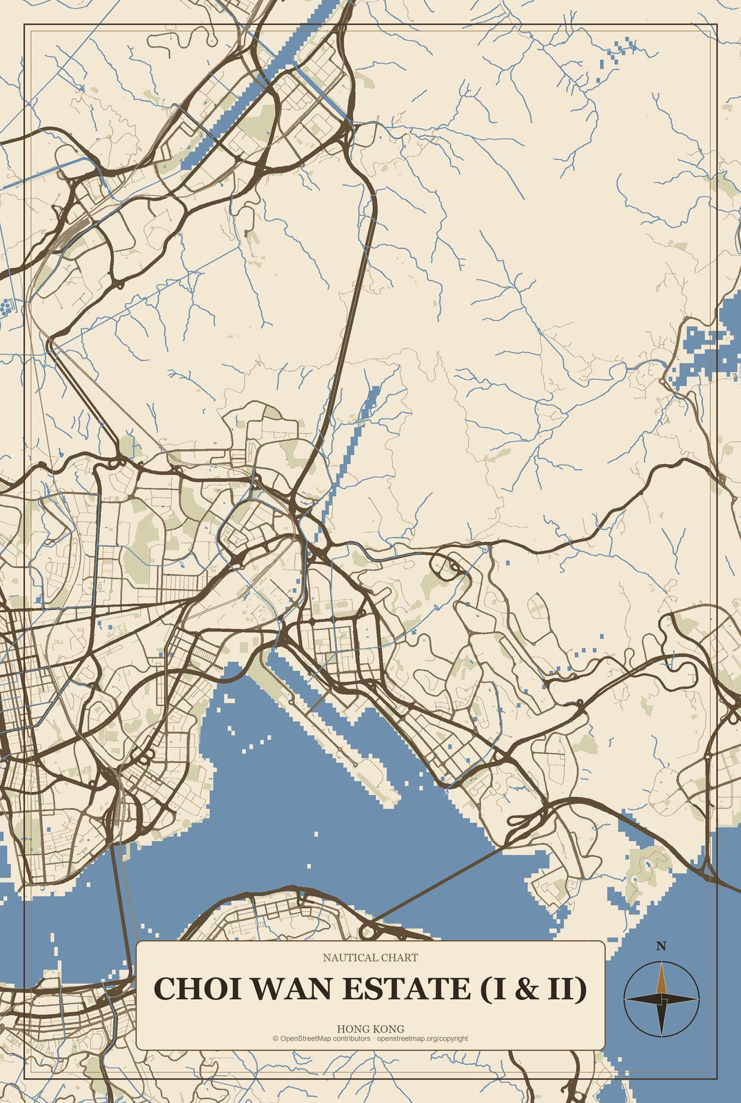 Choi Wan Estate (I & II), Hong Kong City Map Aluminum Sign in Heritage Nautical style