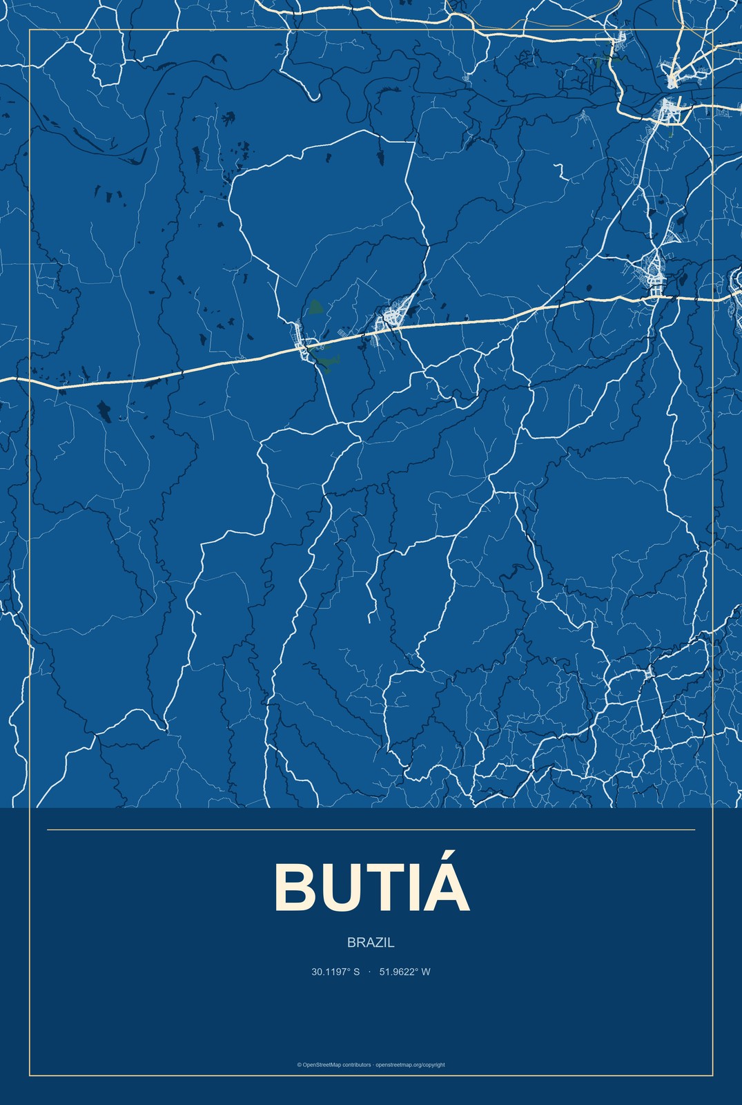 Butiá, Brazil City Map Aluminum Sign in Harbor Cobalt style