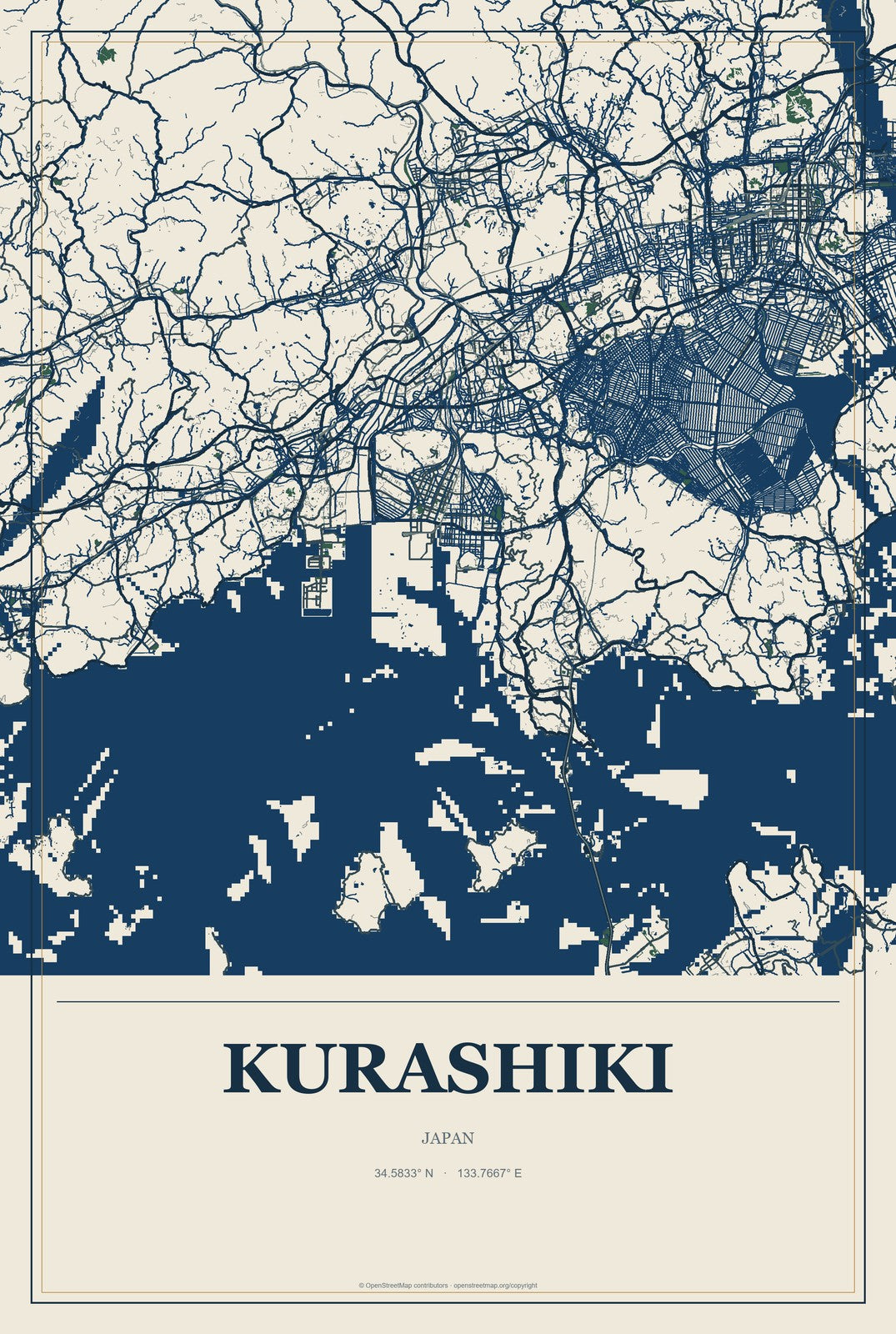 Kurashiki, Japan City Map Aluminum Sign in Coastal Cutout style
