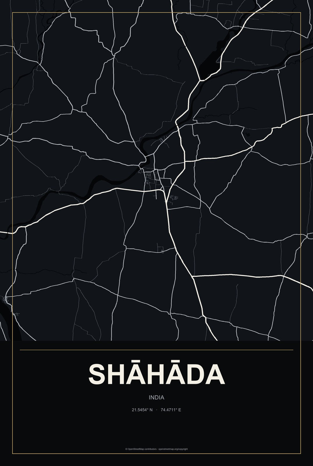Shāhāda, India City Map Aluminum Sign in Metropolitan Noir style