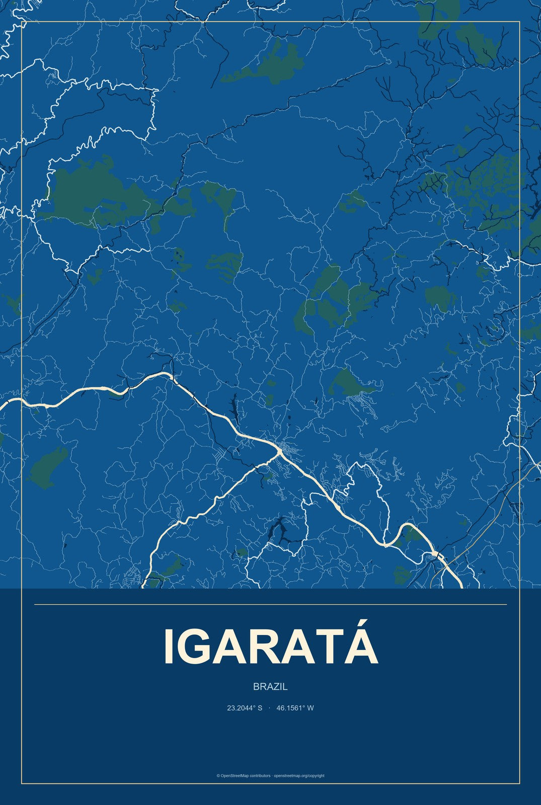 Igaratá, Brazil City Map Aluminum Sign in Harbor Cobalt style