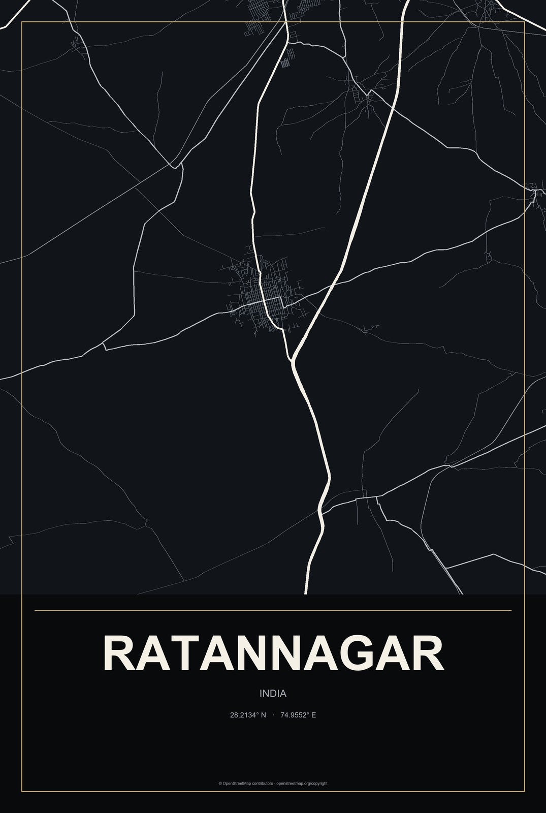Ratannagar, India City Map Aluminum Sign in Metropolitan Noir style