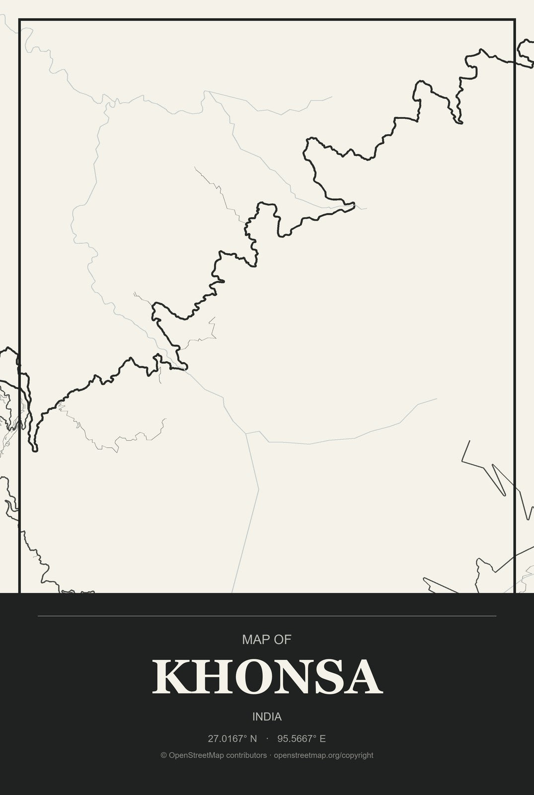 Khonsa, India City Map Aluminum Sign in Museum Plaque style