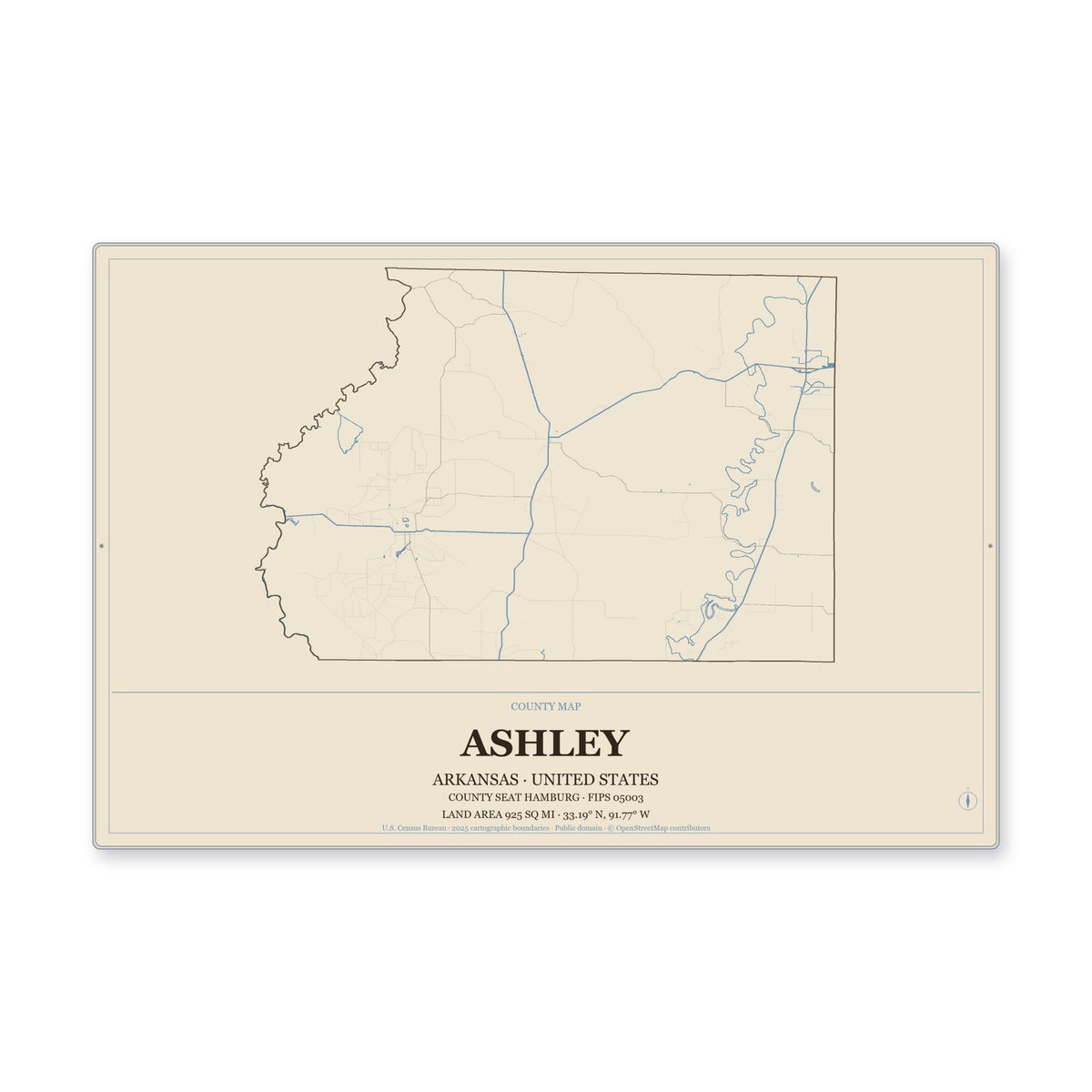 Ashley County, Arkansas Map Aluminum Sign in Heritage Nautical style