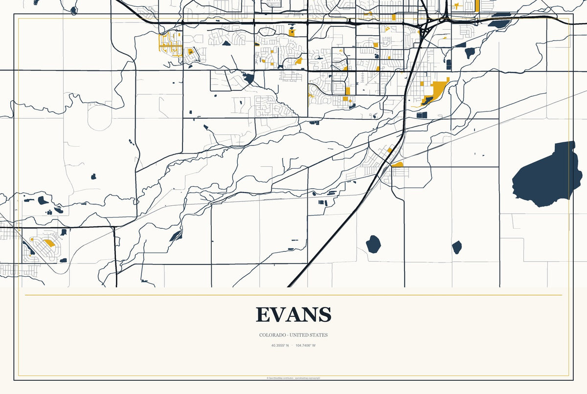 Evans, Colorado City Map Aluminum Sign in Citrine Modern style