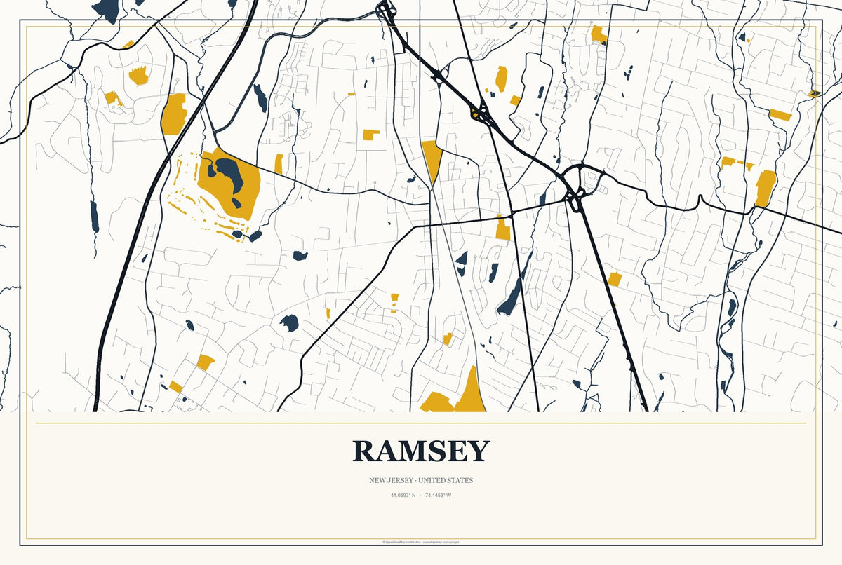 Ramsey, New Jersey City Map Aluminum Sign in Citrine Modern style