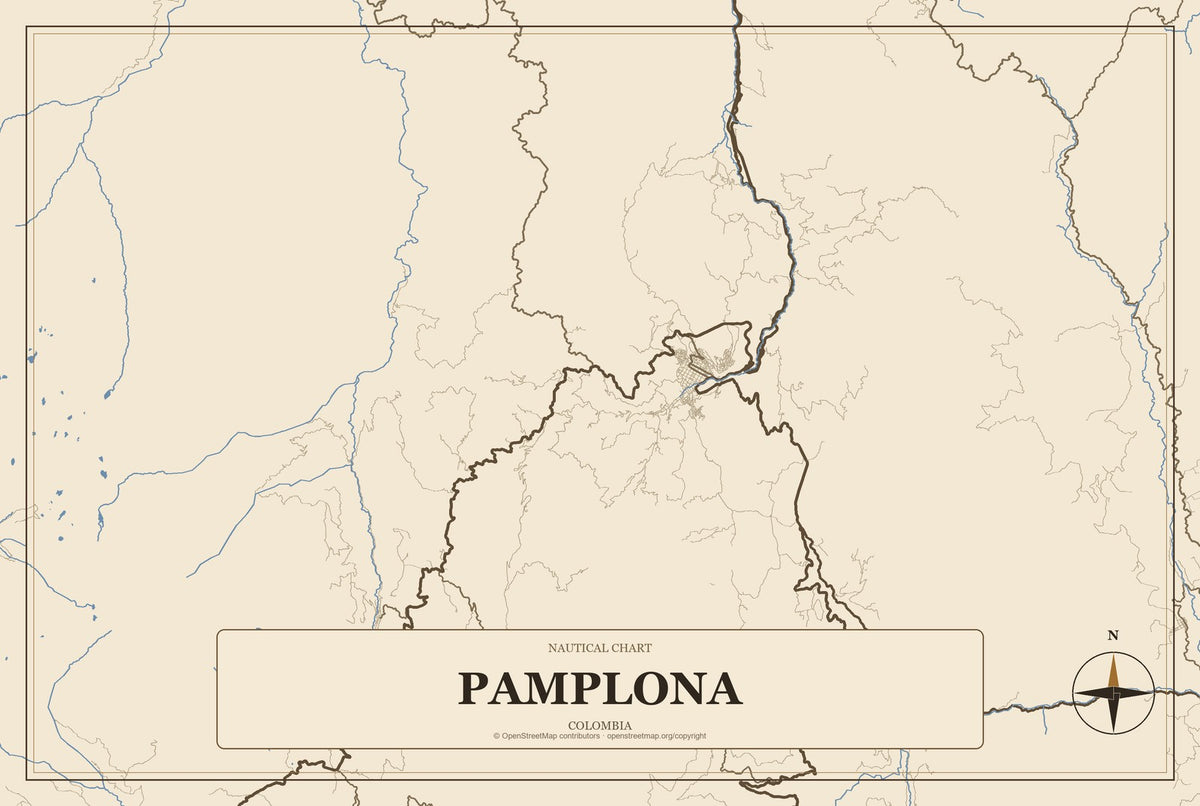 Pamplona, Colombia City Map Aluminum Sign in Heritage Nautical style
