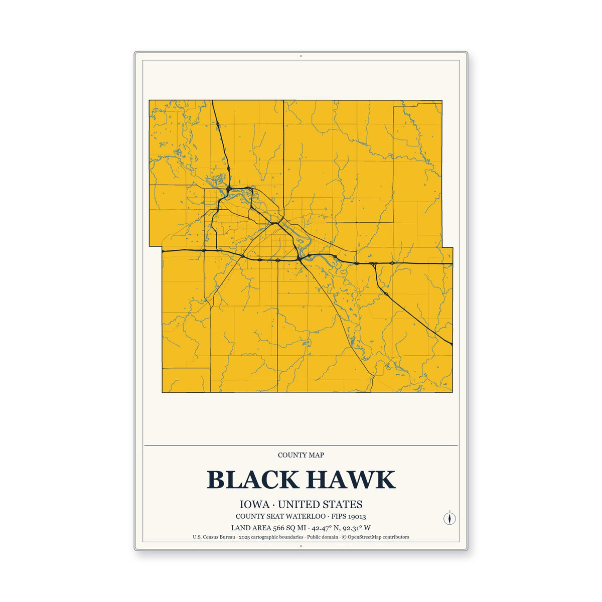 Black Hawk County, Iowa Map Aluminum Sign in Citrine Modern style