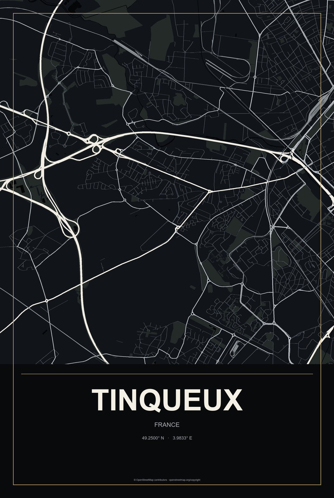 Tinqueux, France City Map Aluminum Sign in Metropolitan Noir style