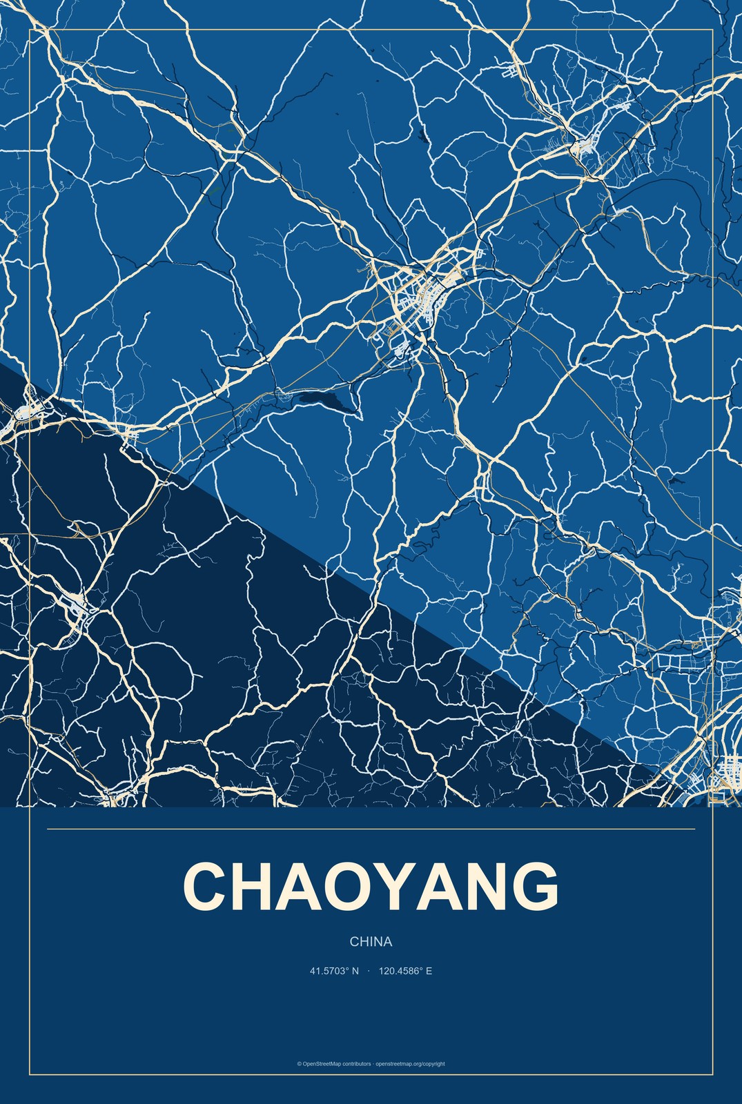 Chaoyang, Liaoning, China City Map Aluminum Sign in Harbor Cobalt style