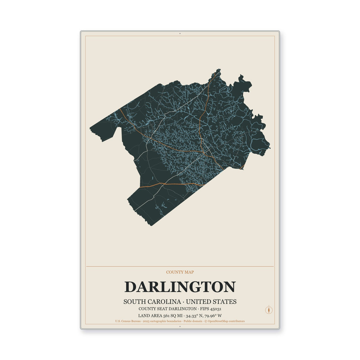 Darlington County, South Carolina Map Aluminum Sign in Headline Atlas style