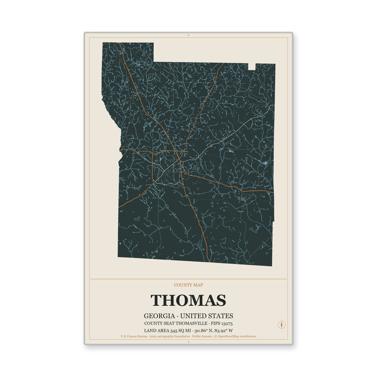 Thomas County, Georgia Map Aluminum Sign in Headline Atlas style
