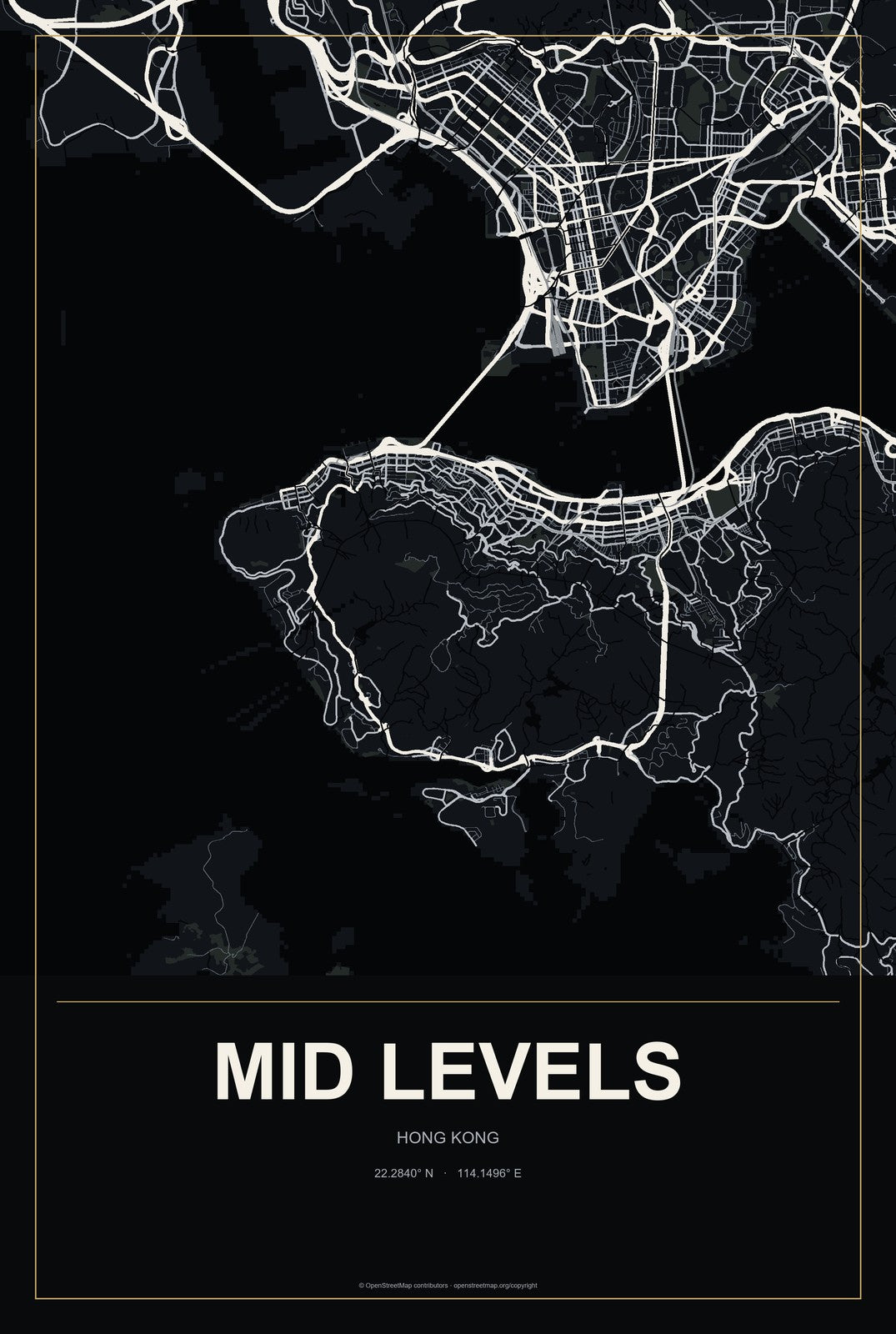 Mid Levels, Hong Kong City Map Aluminum Sign in Metropolitan Noir style