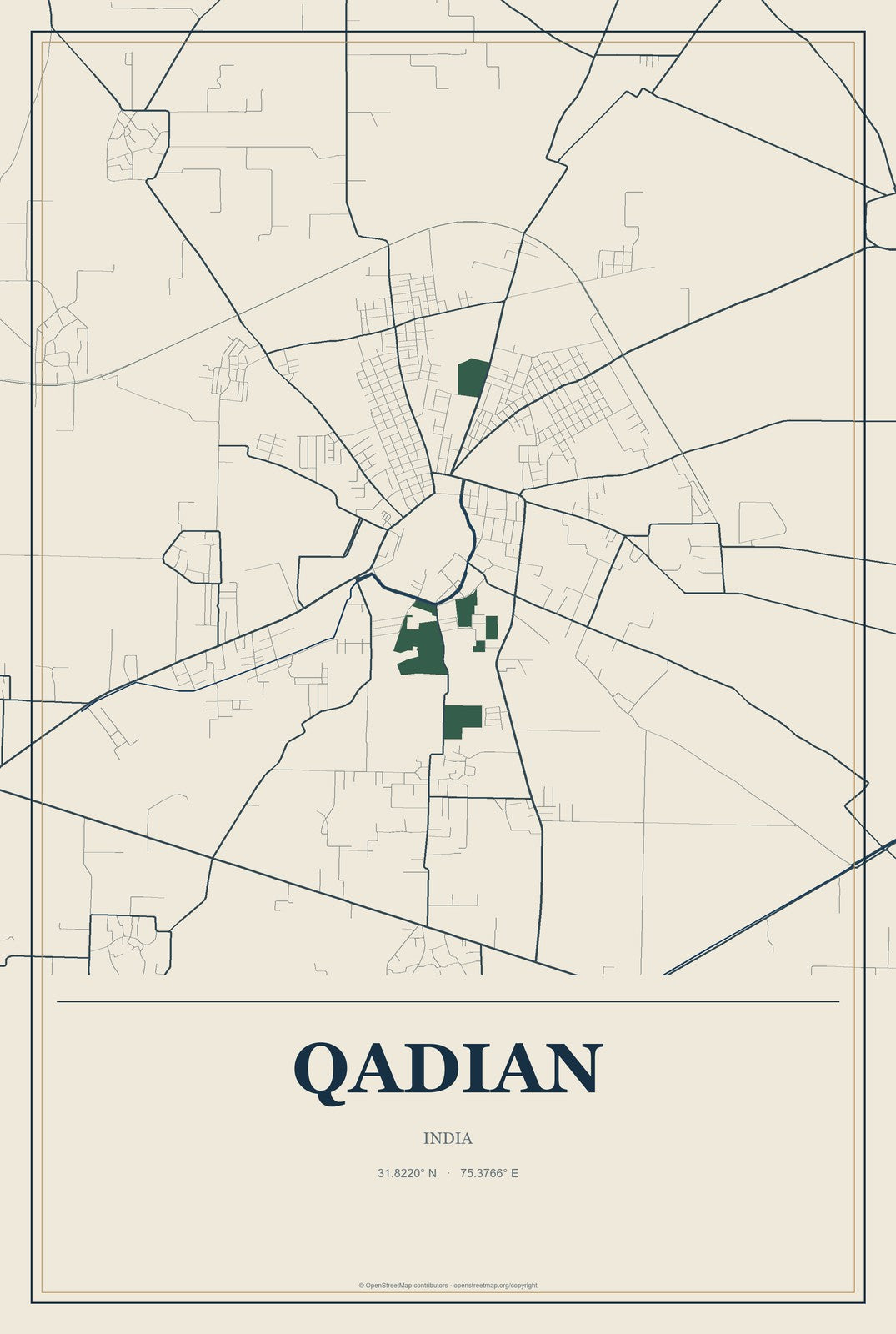 Qadian, India City Map Aluminum Sign in Coastal Cutout style