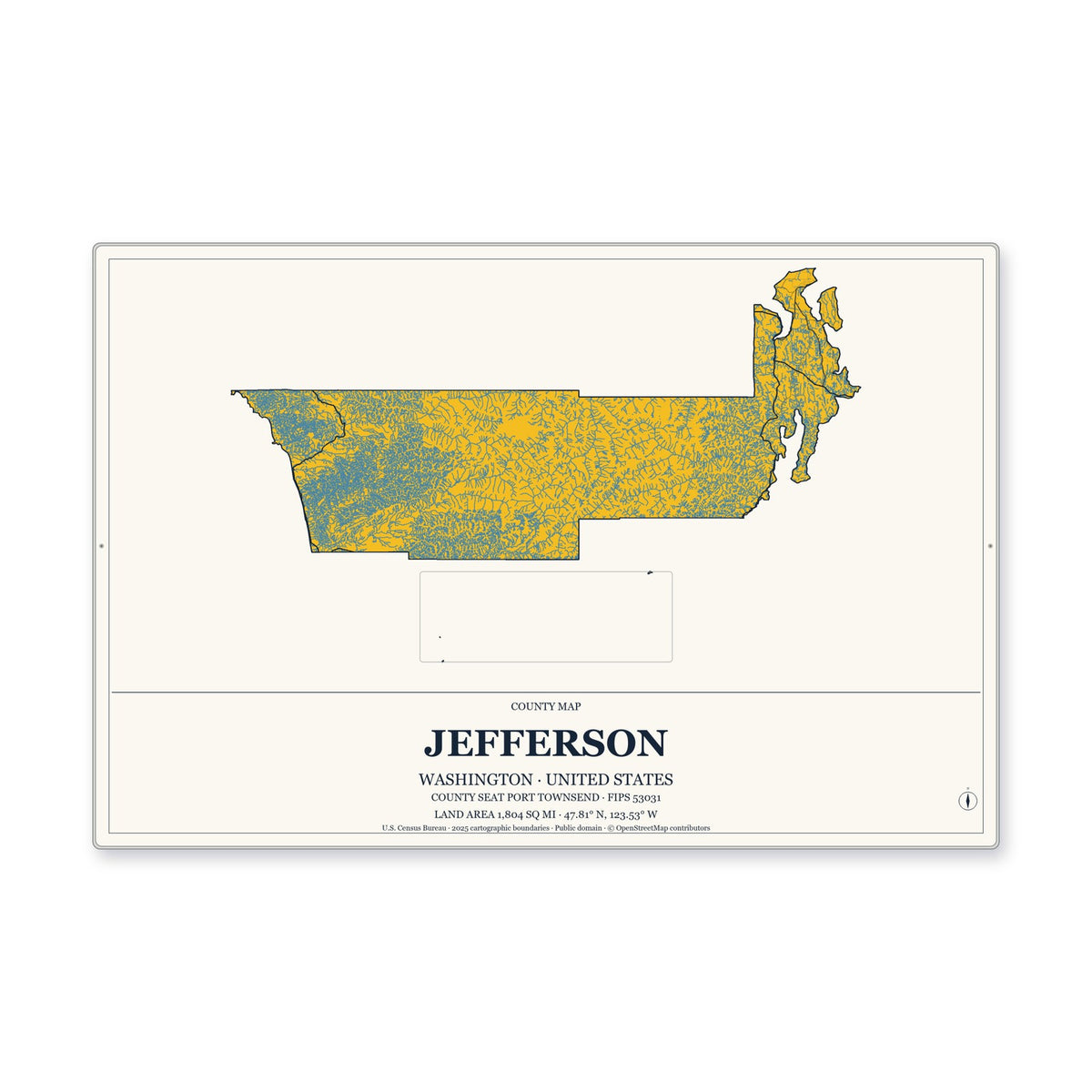 Jefferson County, Washington Map Aluminum Sign in Citrine Modern style