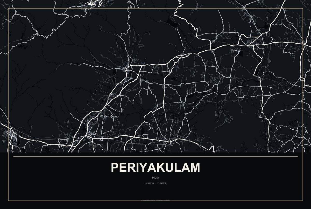 Periyakulam, India City Map Aluminum Sign in Metropolitan Noir style