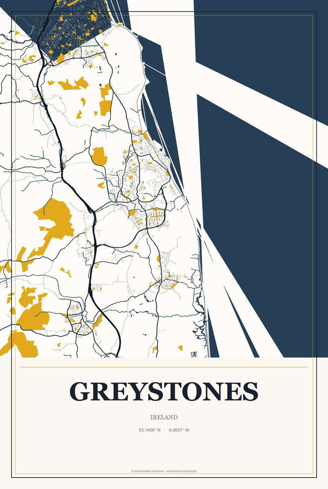 Greystones, Ireland City Map Aluminum Sign in Citrine Modern style