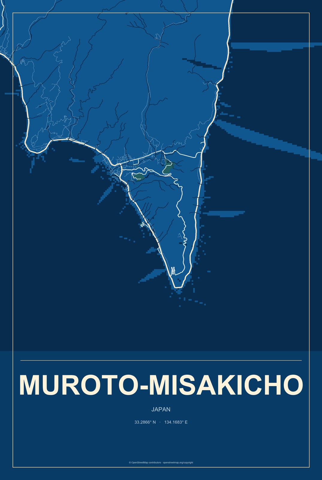 Muroto-misakicho, Japan City Map Aluminum Sign in Harbor Cobalt style