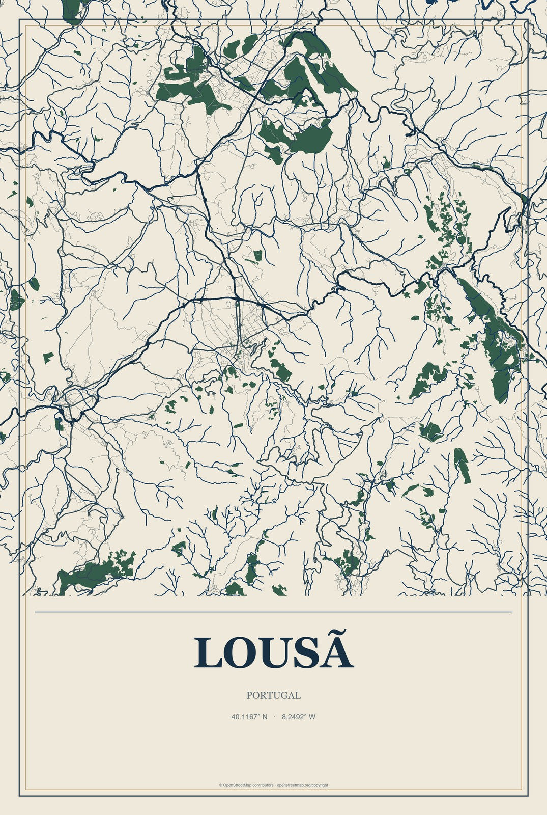 Lousã, Portugal City Map Aluminum Sign in Coastal Cutout style