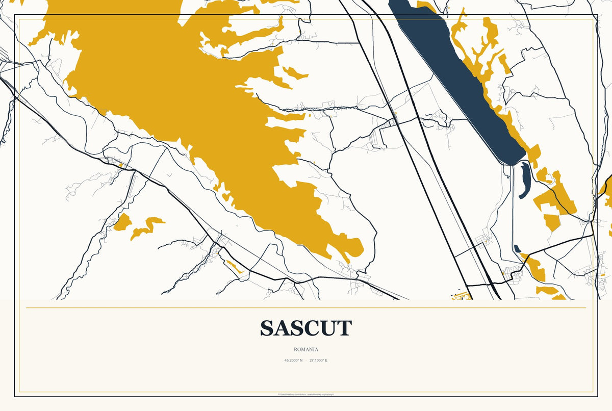 Sascut, Romania City Map Aluminum Sign in Citrine Modern style