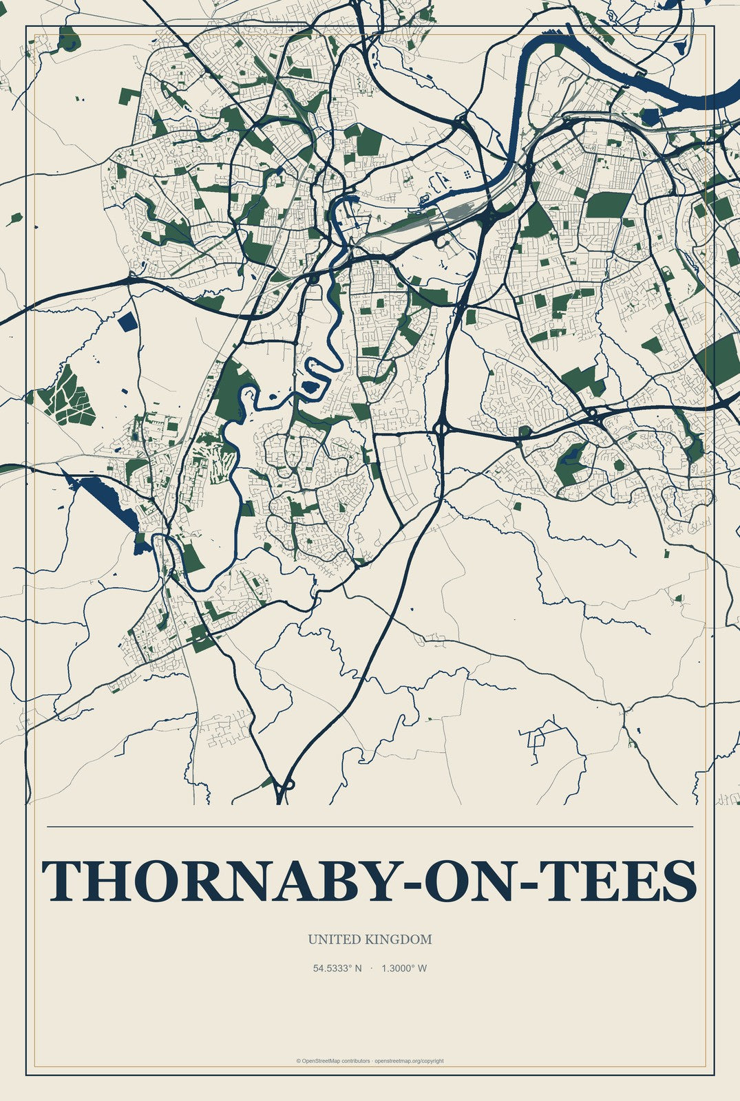 Thornaby-on-Tees, United Kingdom City Map Aluminum Sign in Coastal Cutout style