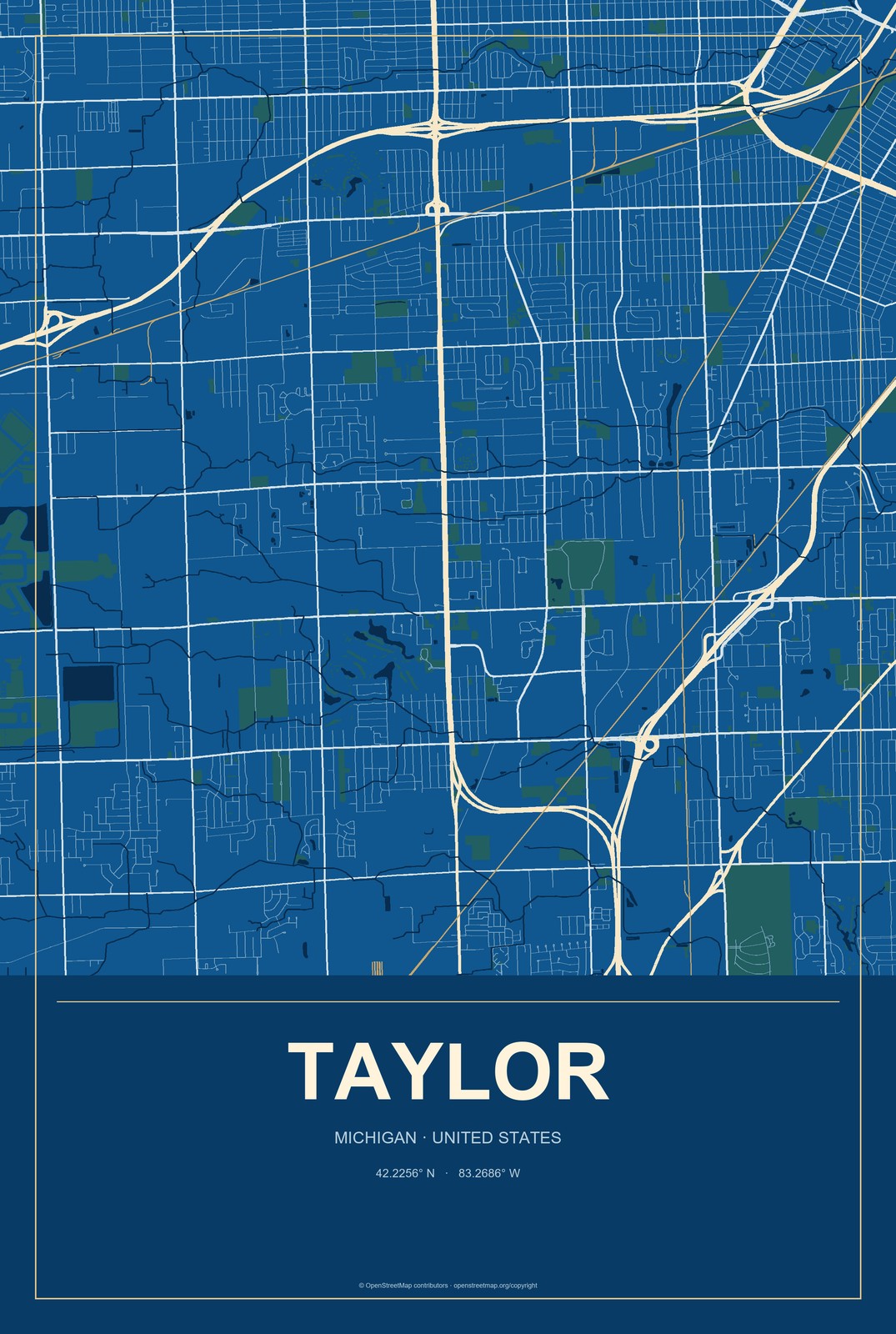 Taylor, Michigan City Map Aluminum Sign in Harbor Cobalt style