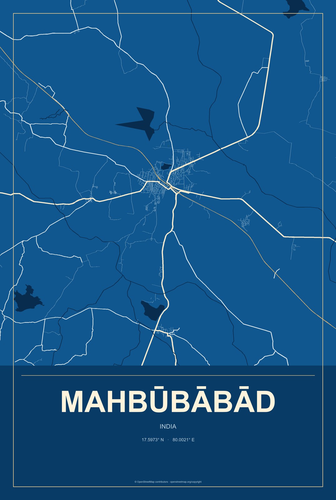 Mahbūbābād, India City Map Aluminum Sign in Harbor Cobalt style