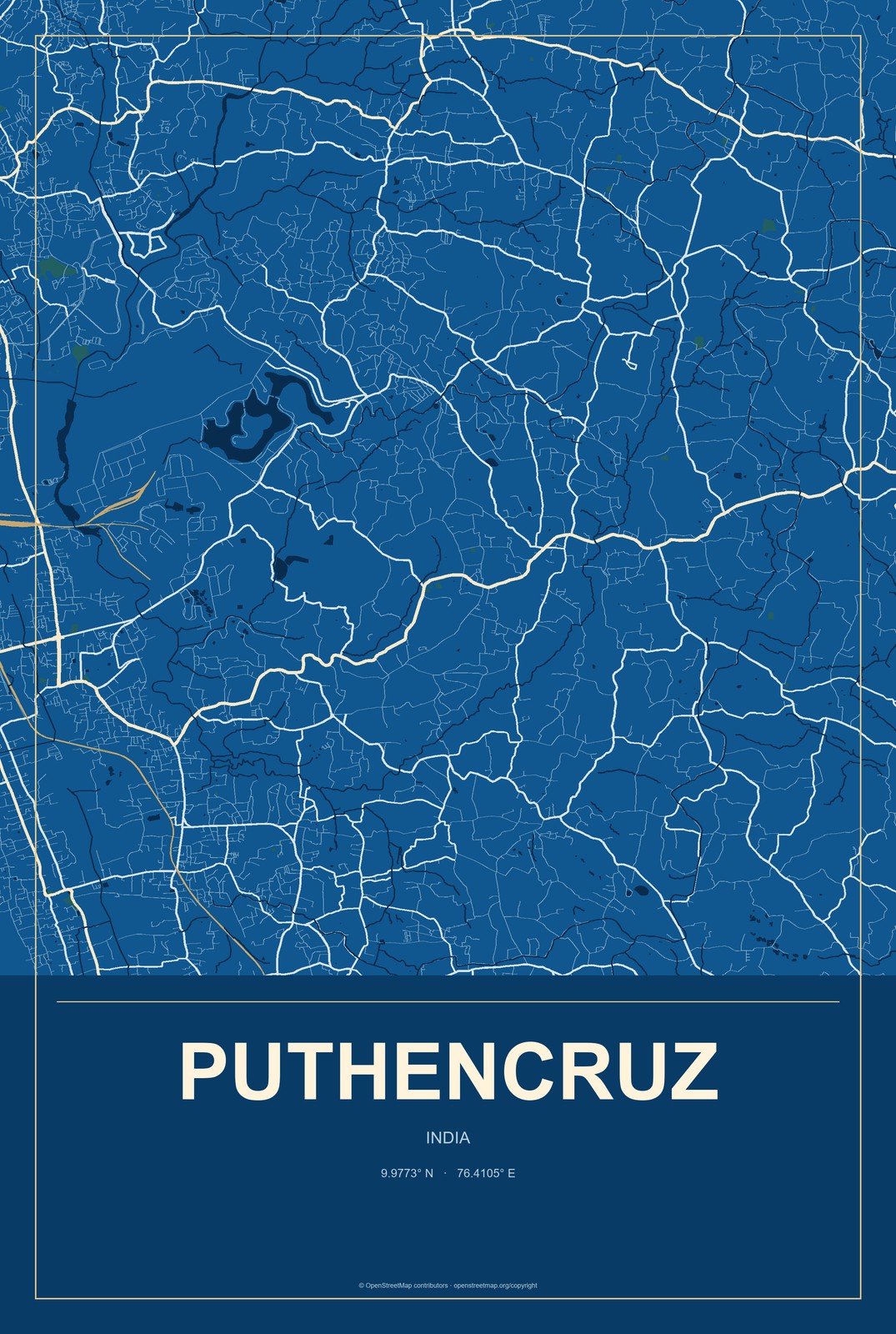 Puthencruz, India City Map Aluminum Sign in Harbor Cobalt style
