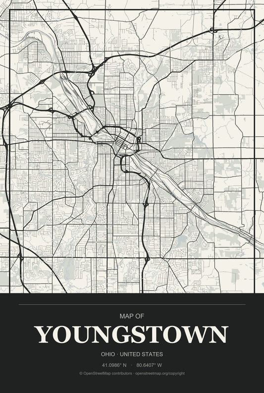 Youngstown, Ohio City Map Aluminum Sign in Museum Plaque style