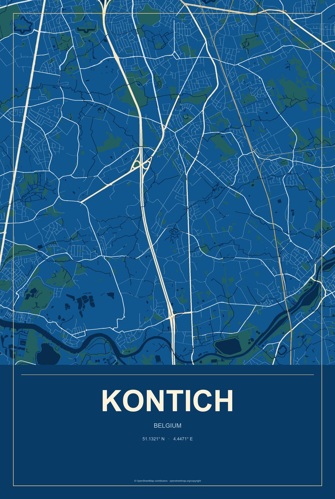 Kontich, Belgium City Map Aluminum Sign in Harbor Cobalt style