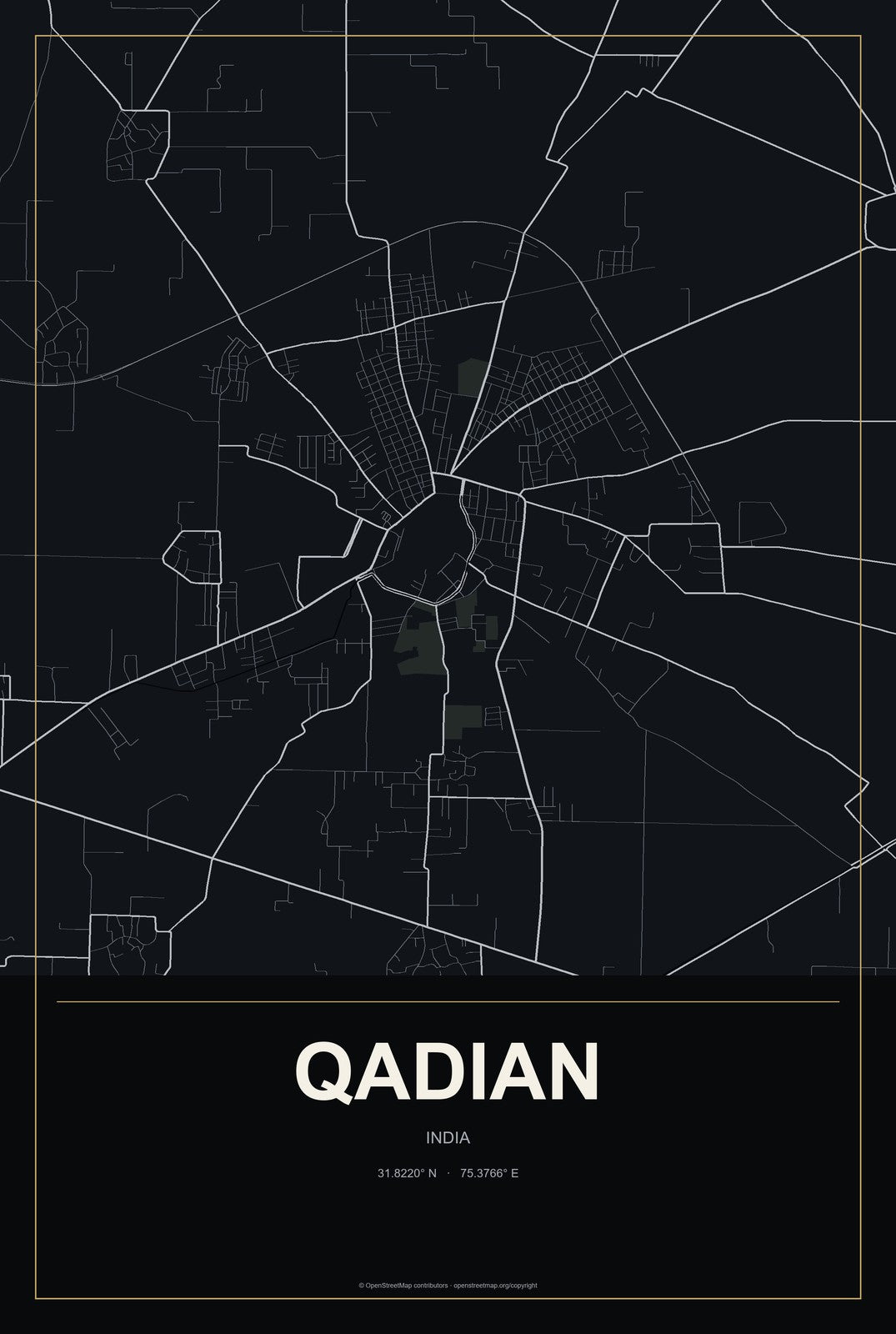 Qadian, India City Map Aluminum Sign in Metropolitan Noir style