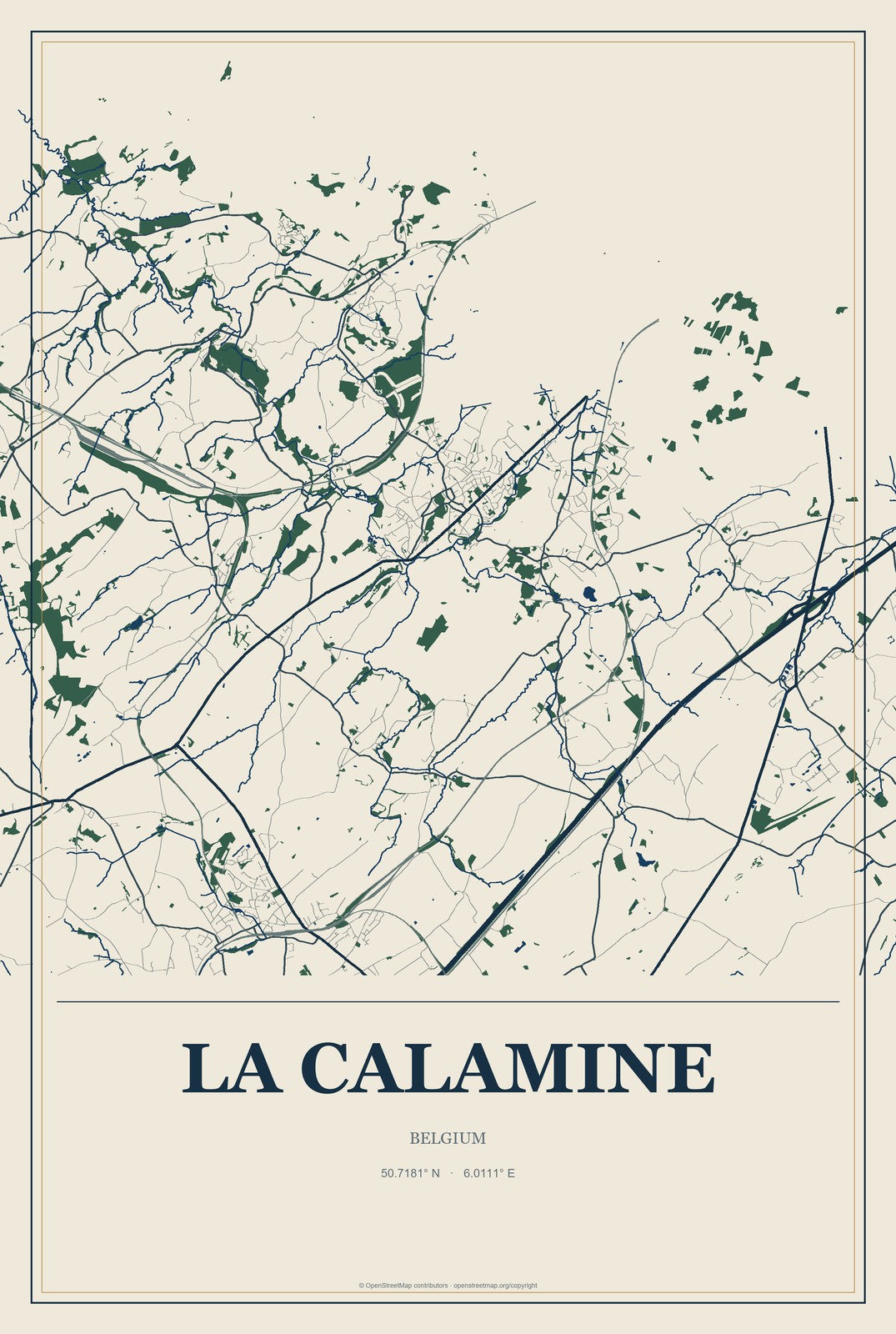 La Calamine, Belgium City Map Aluminum Sign in Coastal Cutout style