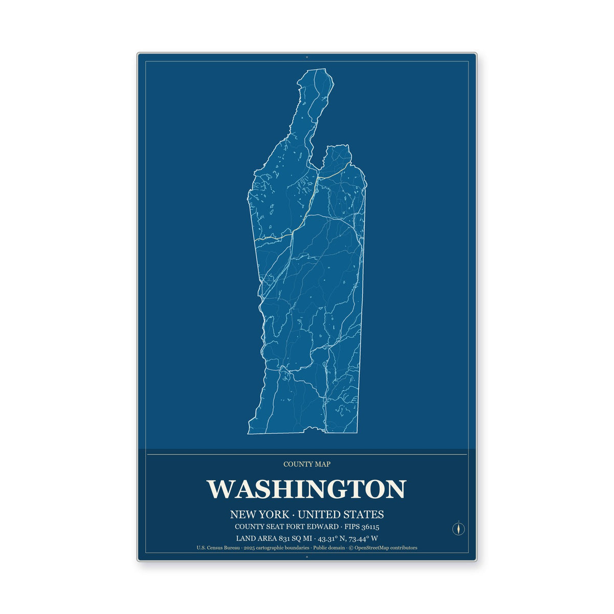 Washington County, New York Map Aluminum Sign in Harbor Cobalt style